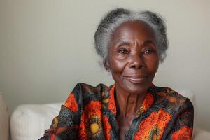 ai gerado retrato do sorridente Senior africano mulher sentado em a sofá em uma cinzento fundo foto