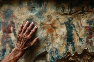 ai gerado caverna pintura, a mão do a indígena pessoa toques a antigo pedra com misterioso silhuetas retratado em isto foto