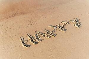 inscrição 'felicidade' em a de praia areia Como uma símbolo do alegria e positividade foto