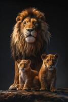 ai gerado a leão família em uma Preto fundo foto