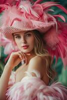 ai gerado artístico foto do uma jovem lindo menina com uma Rosa flamingo