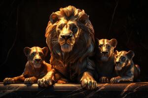 ai gerado uma estatueta do uma família do leões em uma Preto fundo foto