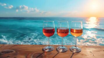 ai gerado óculos do frio Rosa vinho em uma ensolarado de praia perto a mar foto