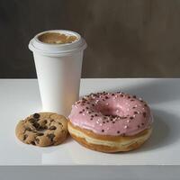 ai gerado uma cartão café copo e dois rosquinhas estão em a mesa foto