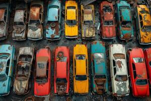 ai gerado uma olho do pássaro Visão do abandonado multicolorido velho carros foto