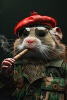 ai gerado uma hamster dentro uma militares uniforme e uma vermelho birete com uma charuto foto