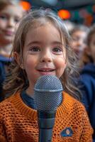 ai gerado uma Adolescência menina canta uma música para dentro uma microfone dentro frente do crianças foto