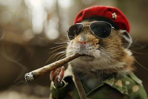 ai gerado uma hamster dentro uma militares uniforme e uma vermelho birete com uma charuto foto