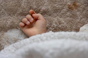 uma certo mão do dormindo ásia bebê em a tapete foto