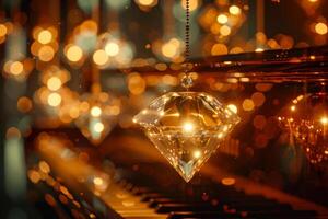 ai gerado cristal pingente com caloroso bokeh luz em piano foto