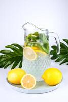 uma jarro do limonada com limão fatias, fresco hortelã e gelo cubos em a mesa. fazer fresco limonada. fechar-se. foto