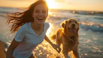 ai gerado mulher corrida com dele cachorro em a praia, verão feriado, período de férias e relaxar em final de semana foto