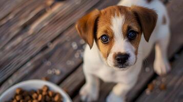 ai gerado uma pequeno fofa jack russell cachorro perto uma tigela do Comida. ai gerado foto