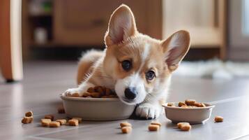 ai gerado uma pequeno fofa corgi cachorro perto uma tigela do Comida. ai gerado foto