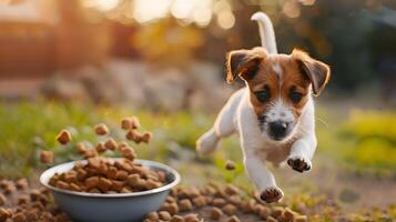 ai gerado uma pequeno fofa jack russell cachorro perto uma tigela do Comida. ai gerado foto