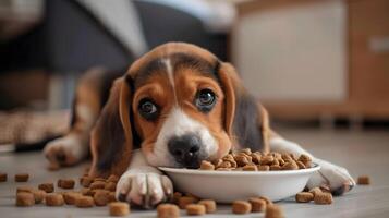 ai gerado uma pequeno fofa beagle cachorro perto uma tigela do Comida. ai gerado foto