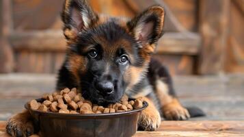 ai gerado uma pequeno fofa pastor cachorro perto uma tigela do Comida. ai gerado foto