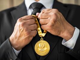 ai gerado homem de negocios segurando uma ouro medalha dentro Preto terno. foto