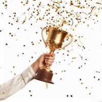 ai gerado mãos do o negócio mulher segurando e lift uma dourado troféu, em torno da com Parabéns confete fita flocos. foto