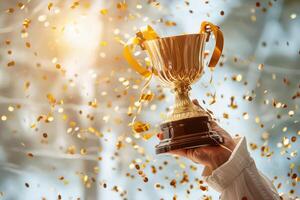 ai gerado mãos do o negócio mulher segurando e lift uma dourado troféu, em torno da com Parabéns confete fita flocos. foto