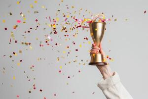 ai gerado mãos do o negócio mulher segurando e lift uma dourado troféu, em torno da com Parabéns confete fita flocos. foto