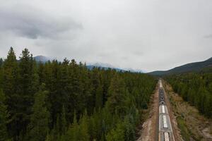 trem faixas cruzando a rochoso montanhas do Canadá foto