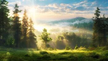 ai gerado manhã floresta árvore foto