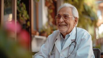 ai gerado retrato foto do idoso médico dentro hospital