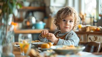 ai gerado uma pequeno Garoto tendo uma café da manhã dentro uma cozinha dentro a manhã foto