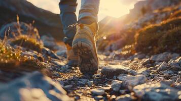 ai gerado caminhante chuteiras em montanha trilha às pôr do sol. uma fechar-se tiro do seus esquerda pé a partir de a chão. uma cinematográfico foto do uma cena do uma caminhante caminhada