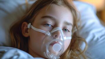 ai gerado criança paciente recebendo oxigênio terapia dentro cama foto