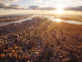 ai gerado aéreo Visão do Novo Iorque cidade se aqueceu dentro dourado pôr do sol luz, com uma foco suave efeito foto