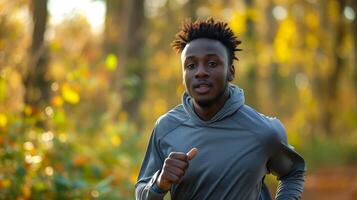 ai gerado retrato do uma africano homem dentro ginástica vestem corrida dentro uma parque. fechar acima do uma sorridente homem correndo, homem corrida dentro parque foto