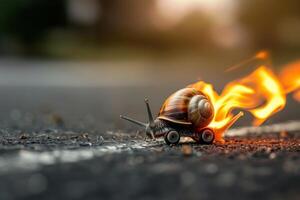 ai gerado criativo imagem exibindo uma Caracol com minúsculo rodas e Seguindo chamas, evocando Rapidez foto