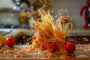 ai gerado hipnotizante imagem do espaguete massa com molho espirrando em uma cozinha contador foto