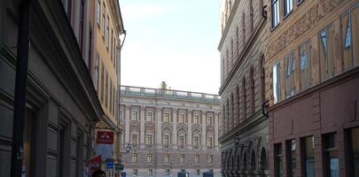 caminhando dentro a histórico Centro do Estocolmo. você pode Vejo a construção local guindastes e uma quente ar balão. foto