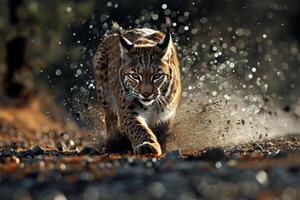 ai gerado uma fechar acima do uma eurasian lince dentro a água com uma respingo do água em Está face e Está face. foto