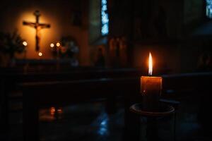ai gerado cristão Cruz com velas em cristão igreja. generativo ai foto