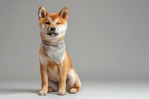 ai gerado Shiba inu cachorro sentado com uma bandana para zombar acima . generativo ai foto