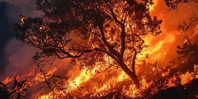 ai gerado uma ardente árvore engolido dentro chamas, uma mortal floresta fogo posando uma ameaça para perto estradas e veículos com ocupantes. foto