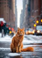 ai gerado gengibre gato sentado em neve e olhando às Câmera. inverno fundo. ai generativo foto