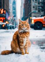 ai gerado gengibre gato sentado em neve e olhando às Câmera. inverno fundo. ai generativo foto