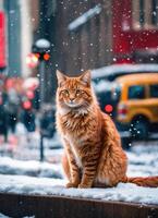 ai gerado gengibre gato sentado em neve e olhando às Câmera. inverno fundo. ai generativo foto