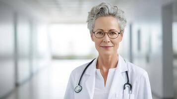 ai gerado remédio e cuidados de saúde tema com cópia de espaço, retrato sorridente alegre Senior fêmea médico vestindo óculos e estratoscópio, meio envelhecido mulher médico em pé foto