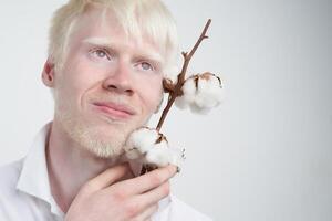 retrato do a albino homem dentro estúdio vestido camiseta isolado em uma branco fundo. anormal desvios. incomum aparência foto