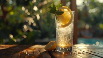 ai gerado refrescante gelado limonada macro lente captura condensação e limão fatia dentro sonhadores atmosfera foto