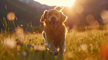 ai gerado brincalhão labrador retriever brincadeiras através iluminado pelo sol Prado com flores silvestres e majestoso montanha pano de fundo foto