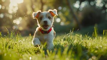 ai gerado brincalhão cachorro brincadeiras através exuberante Prado dentro manchado luz solar foto