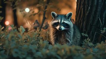 ai gerado urbano animais selvagens guaxinins e pombos iluminar a concreto selva foto