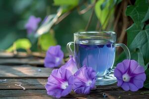 ai gerado clitoria ternatea, ervas chá, roxa azul flor e beber . minuman bunga telang, generativo ai foto